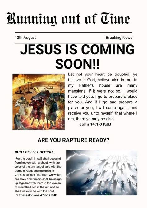 Rapture In The Air Now | Running out of time | Facebook Jesus Is Coming Soon, Rapture Ready, Christian Values, Running Out Of Time, Jesus Is Coming, Out Of Time, Bible Words, Be Prepared, Believe In God