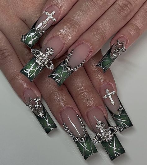 Nails Acrylic Green And Pink, Emerald Color Nails, Green And Silver Nails Prom, Green Cross Nails, Acrylic Nail Designs With Gems, Green Nails Y2k, Silver Ball Nails, Green Nails With Cross, 2yk Nails