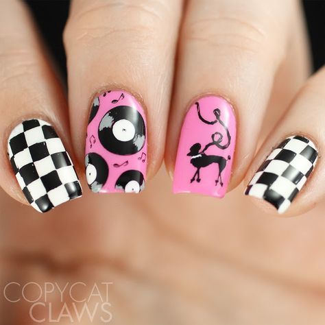 Grease Inspired Nails, 80s Nails Designs Simple, 1960 Nails, 50s Nails Design, Record Nails, Grease Nails, Music Nails Design, Elvis Nails, 80s Nail Art