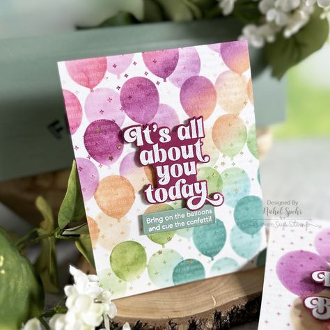 Unique Backdrops, Balloon Cards, Nichol Spohr, Background Stamps, Cool Stencils, Confetti Background, Star Confetti, Confetti Birthday, Mft Cards