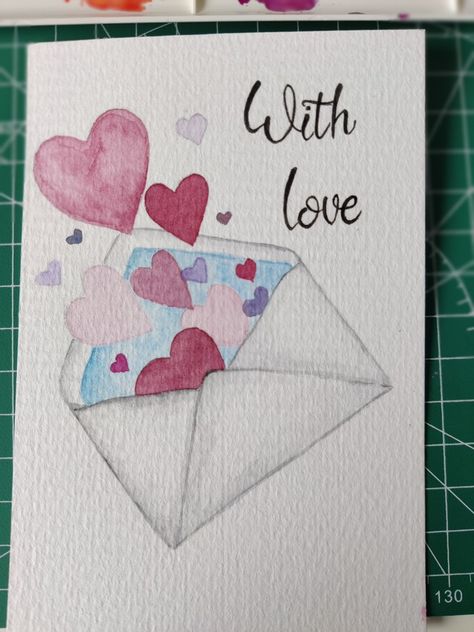 A watercolour painting of an envelope full of different shades of pink and red hearts. Text says with love. Watercolor Paintings For Boyfriend, Watercolor Art For Boyfriend, Friendship Watercolor Cards, Hand Painted Valentines Cards, Watercolor Love, Love Watercolor, Watercolor Valentine Cards, Boyfriend Christmas Card, Diy Watercolor Cards