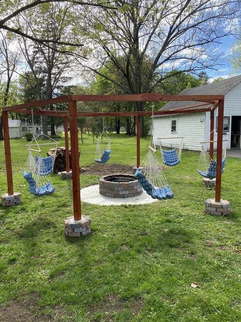 Fire Pit With Hammocks, Hammocks Around Fire Pit, Fire Pit Hammock Ideas Backyard, Hammock Fire Pit Ideas, Hammock Ideas Backyard Diy, Swings Around Fire Pit, Hammock Circle, Pergola Fire Pit Ideas, Fire Pit With Swings