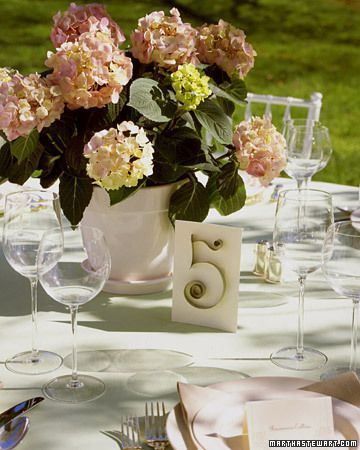 Quilled Table Numbers from Martha Stewart Potted Plant Centerpieces, Potted Hydrangea, Hydrangea Centerpiece Wedding, Wedding Table Pink, Hydrangea Potted, White Pots, Pink Wedding Centerpieces, Hydrangea Bouquet Wedding, Diy Table Numbers