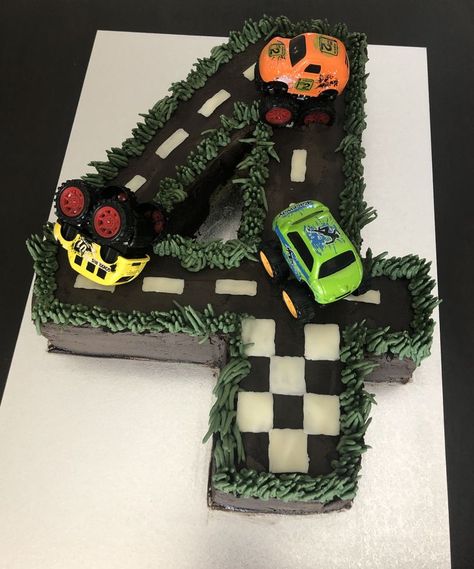 Birthday Cake Monster Truck, Cake Monster Truck, Number 4 Cake, Number 3 Cakes, Race Track Cake, Grass Cake, Happy Birthday King, Race Car Cakes, Monster Truck Cake