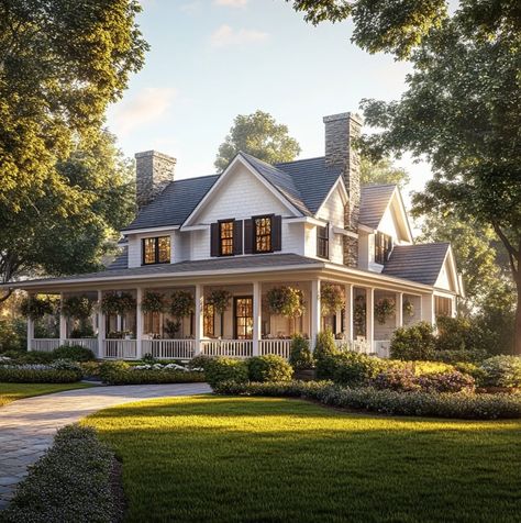 Old Farmhouse Plans, Colonial Farmhouse Exterior, Traditional Farmhouse Plans, Classic Farmhouse Plans, White Exterior Houses, Colonial Farmhouse, Victorian Farmhouse, Dream Life House, Traditional Farmhouse