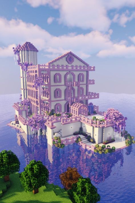 Purple Minecraft House Aesthetic, Minecraft Mansion Aesthetic, Minecraft Houses Quartz, Purple Castle Minecraft, Minecraft Purpur Build, Minecraft Pastel House, Pastel Minecraft House, Pink Mansion Minecraft, Pastel Minecraft Builds