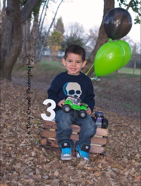 Monster Truck Birthday Pictures, Monster Jam Photo Shoot, Monster Truck Photo Shoot, 3rd Birthday Boy, Boy Birthday Pictures, Monster Jam Birthday, Monster Jam Party, 3rd Birthday Boys, Toddler Pictures