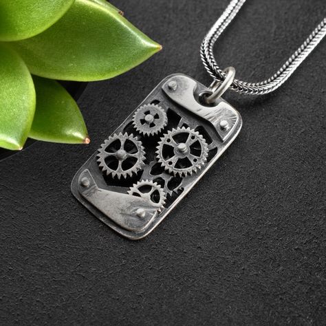 Steampunk Silver Engraved Jewelry, Steampunk Metal Jewelry Engraved, Steampunk Nickel-free Necklace For Gift, Handmade Steampunk Metal Necklace, Silver Steampunk Pendant Necklace, Engineering Gifts, Amulet Necklace, Steampunk Jewelry, 925 Sterling Silver Chain