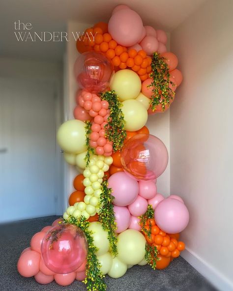 Rectangle Balloon Backdrop, Arch Backdrop With Balloons, Organic Balloon Column, Square Balloon Arch, Balloon Backdrop Ideas, Floral Party Ideas, Vibrant Colour Palette, Ballon Art, Bridal Shower Balloons