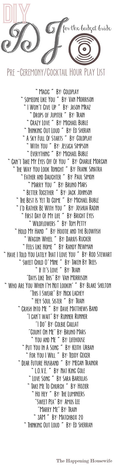 While looking into DJ’s for our big day, James and I sat down and talked about what exactly a DJ offers to a wedding and whether or not we could get by without one. Things to remember: A DJ g… Engagement Songs, Reception Playlist, Wedding Song List, Song Lists, Wedding Reception Music, Music List, Secret Wedding, Dance Songs, Pigs Fly