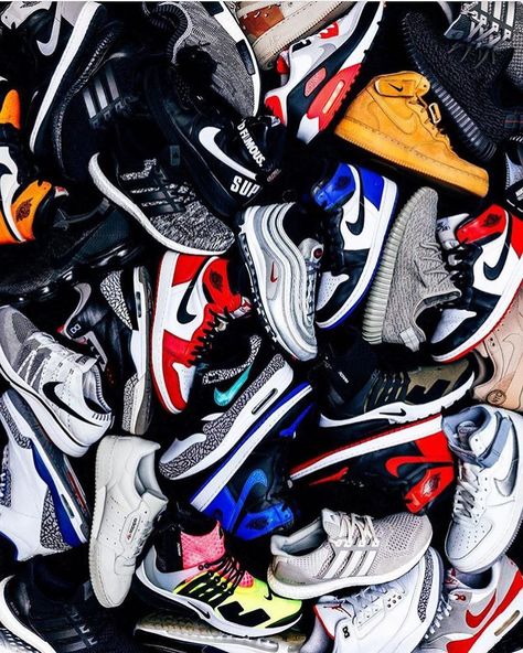 A pile of heat! Thats a crazy collection! Tag #sneakersmag for a shoutout!  by @thendrw #sneakersmag #sneaker #collection #heat #nike #adidas #jordan Jordan Shoes Wallpaper, Nike Wallpaper Backgrounds, Sneaker Photography, Sneakers Photography, Hypebeast Iphone Wallpaper, Sneakers Wallpaper, Shoes Wallpaper, Sneakers Jordans, Cheap Jordans