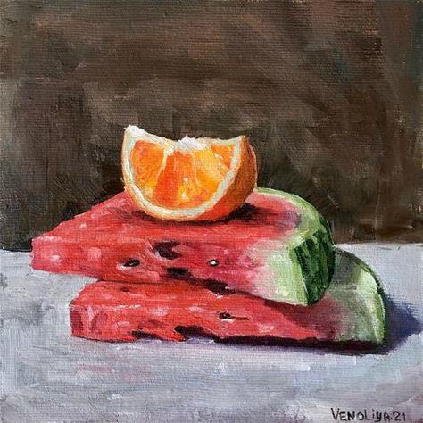 Olga Vislovich Gallery of Original Fine Art Watermelon Drawing, Watermelon Painting, Watermelon Art, Kitchen Artwork, Orange Painting, Flowers In Jars, Oil Pastel Art, Fruit Painting, Still Life Drawing