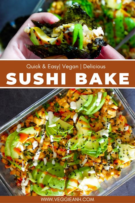 Seafood Free Sushi, Vegetarian Sushi Cups, Tofu Sushi Bake, Lazy Sushi Bake, Veggie Sushi Bake, Vegan Sushi Bake Recipe, Veggie Musubi, Vegetarian Sushi Bake, New Vegan Recipes