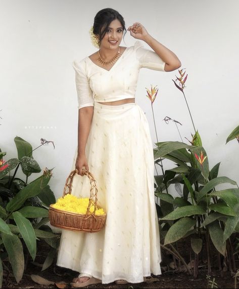 Onam Outfits Ideas Skirt And Top 2024, White Pattupavada, Onam Skirt And Crop Top Designs Pattern, Net Crop Top Designs For Long Skirt, Kerala Saree Skirt And Top, Pattu Crop Top Blouse Designs, Onam Skirt And Top Designs Latest, Onam Saree Blouse Ideas Latest 2024, Onam Skirt And Top Designs 2024