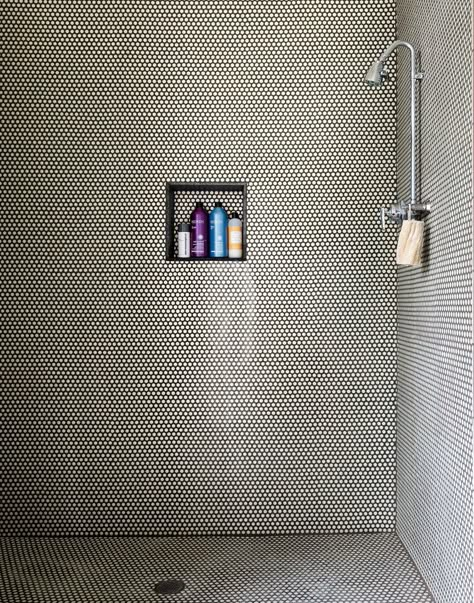 The Simple Modern Solution - NYTimes.com Mosaic Shower Tile, Patterned Bathroom Tiles, Luxury Bathroom Master Baths, Black Grout, Tiles Ideas, Penny Round Tiles, Penny Tile, Shower Tile Designs, Downstairs Bathroom