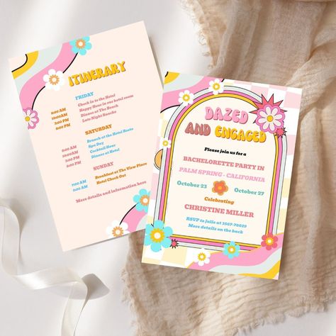 Dazed And Engaged Bachelorette Itinerary, Dazed And Engaged Bachelorette Decor, Groovy And Boozy Bachelorette, Groovy And Boozy, Dazed And Engaged Bachelorette, Itinerary Invitation, Bachelorette Beach, Bachelorette Weekend Itinerary, Bachelorette Itinerary