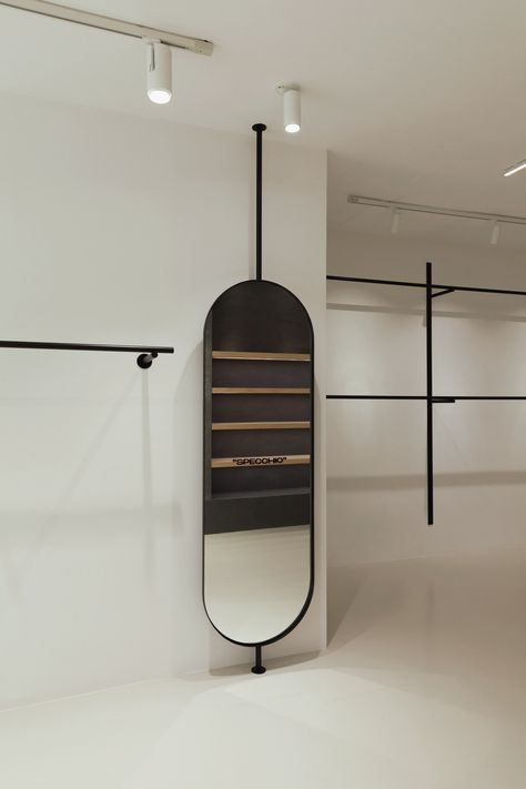 Carmelo Fiore | Leibal Ceiling Mounted Mirror, Suspended Mirror, Minimal Store, Bari Italy, Tall Mirror, Industrial Mirrors, Retail Interior Design, Double Sided Mirror, Retail Interior