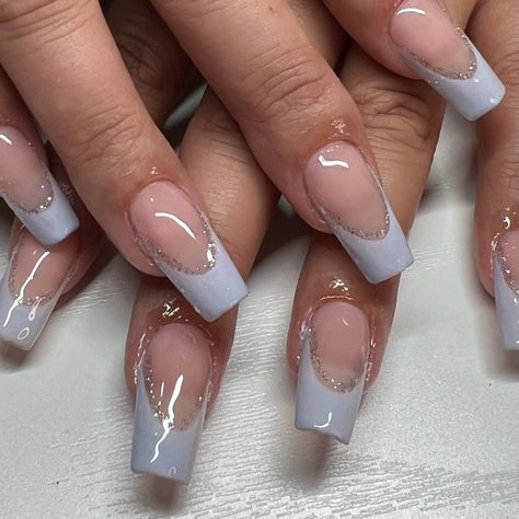 Periwinkle And White Nails, French Tip Nails Periwinkle, Winter Formal Nails Blue, Periwinkle Sparkle Nails, Perry Winkle Nails, Prom Nails Periwinkle, Light Periwinkle Nails, French Tip Colours, Nail Designs Light Blue