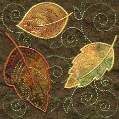 Autumn Applique Patterns, Quilted Leaves, Applique Leaves, Leaf Quilt, Fabric Postcards, Quilt Square, Quilt Squares, Free Motion Quilt Designs, Landscape Quilts