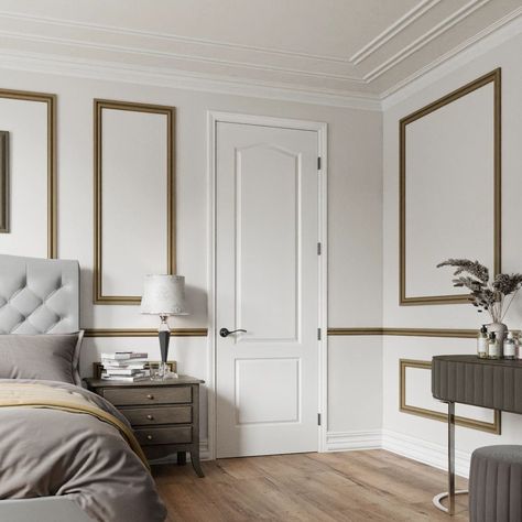 A white two-panel arched top interior door in a classic bedroom with white walls and gold wainscoting Roman Interior, Masonite Doors, Masonite Interior Doors, Transitional Doors, Hollow Core Doors, Black Front Doors, Barn Door Kit, Smart Door, Classic Bedroom