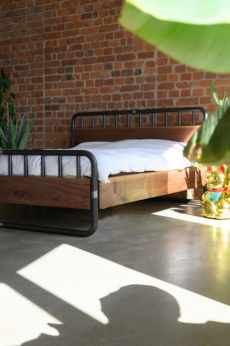 Boys Industrial Bed, Metal Bar Bed Frame, Bed Frame Industrial, Loft Bed For Small Rooms, Industrial Beds, Industrial Moodboard, Small Bed Frame, Metal And Wood Bed Frame, Smart Beds