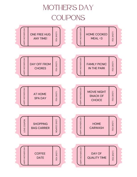 Looking for a unique and heartfelt gift for your mom this Mother's Day? This personalized coupon sheet is the perfect present that will show her just how much you love and appreciate her. Each sheet contains 8 beautifully designed coupons/tickets that can be redeemed for things like a day off from chores, a home-cooked meal, a spa day, and more! These coupon sheets are handmade and fully customizable with your mom's name and favorite colors. They can be printed on high-quality cardstock and reus Mother's Day Coupons, Homemade Gifts For Mom, Mom Coupons, Birthday Presents For Mom, Gift Idea For Mom, Diy Gifts For Mom, Presents For Mum, Birthday Cards For Mom, Coupon Template