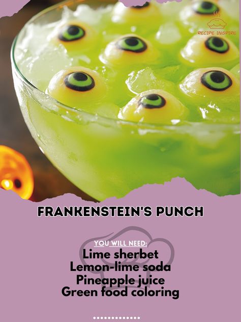 🧟‍♂️🍸 Get ready for a frightfully fun drink with Frankenstein's Punch! A spooky mix that will electrify your Halloween party! Frankenstein's Punch Ingredients: Lime sherbet (2 cups) Lemon-lime soda (4 cups) Pineapple juice (1 cup) Green food coloring (optional) Gummy eyeballs (for garnish) Instructions: In a punch bowl, combine lime sherbet, lemon-lime soda, and pineapple juice. Stir gently until mixed; add food coloring for a brighter green, if desired. Garnish with gummy eyeballs. 💚⚡ En... Frankenstein Margarita, Eyeball Punch, Gummy Eyeballs, Pineapple Party Punch, Lime Sherbet Punch, Sherbet Punch, Sherbet Lemon, Halloween Party Drinks, Lime Sherbet