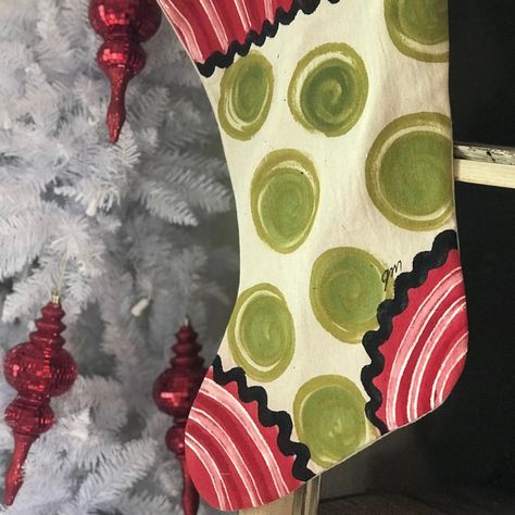 Red and Green Christmas Stocking Polka Dot Whimsical | Etsy Christmas Decor Mantel, Green Christmas Stocking, Seasonal Decor Fall, Hand Painted Pillows, Stocking Ideas, Green Stockings, Red And Green Christmas, Country Christmas Decorations, Mantel Decor