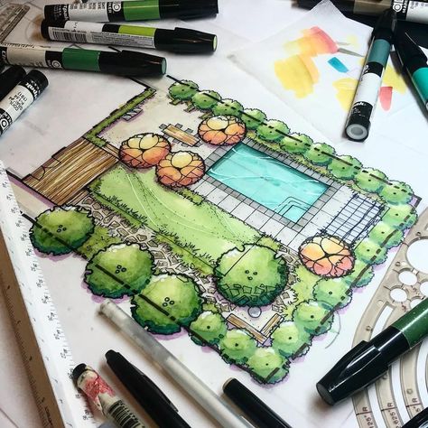 12.7 mil Me gusta, 31 comentarios - ArchiSketcher (@archisketcher) en Instagram: "Fantastic illustration by @pangeaexpress The use of markers seem paramount to landscape rendering.…" Site Plan Rendering, Site Plan Design, Landscape Architecture Plan, Landscape Design Drawings, Landscape Architecture Drawing, Drawing Hands, Interior Design Drawings, Garden Design Layout, Interior Design Sketches