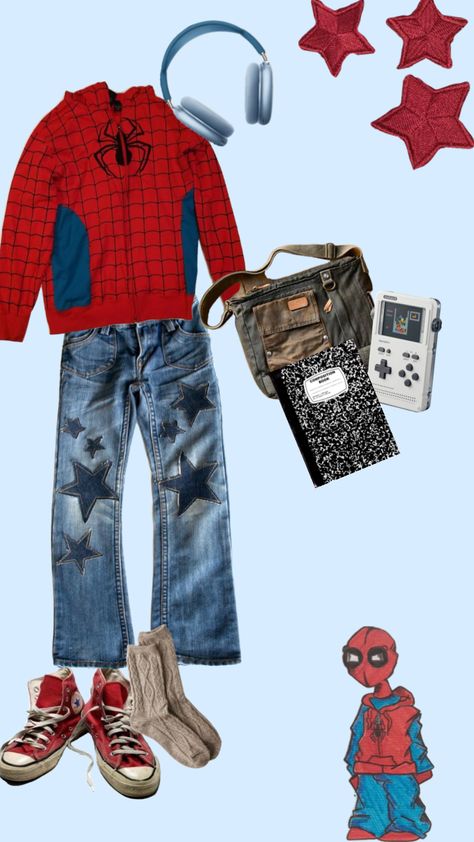 Cute Spider Man Outfit, Spider Man Streetwear, Spider Man Jacket Outfit, Spiderman Casual Outfit, Spider Man Clothes Outfits, Spider Man Themed Outfit, Spider Man Fits, Spider Man Outfits Ideas Aesthetic, Spider Man Outfits Woman