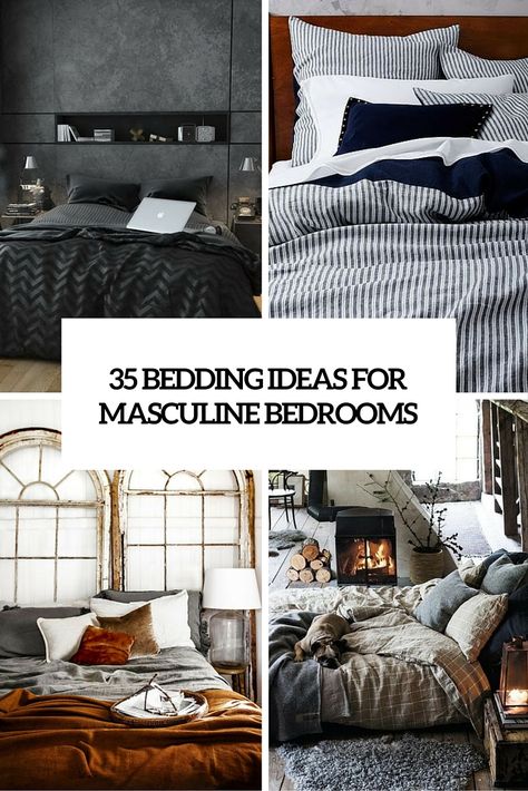 35 bedding ideas for masculine bedrooms cover - www.homeology.co.za Manly Bedding, Men’s Bedding, Mens Bedding, Mans Bedroom Ideas, Bedding For Men, Adult Male Bedroom Ideas, Masculine Bedrooms, Masculine Bed, Bachelor Pad Bedroom