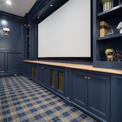 The Fox Group, Plaid Carpet, Plaid Room, Fox Group, Timeless Paint Colors, Navy Blue Paint, Paneled Walls, Theater Room Design, Timeless Interior Design