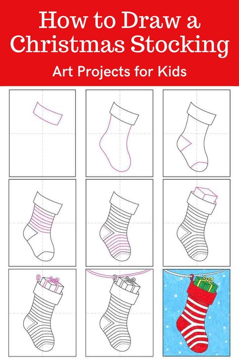 Learn how to draw a Christmas Stocking with an easy step-by-step PDF tutorial. #howtodraw #tutorial #drawing #drawingtutorial #arttutorial #artprojectsforkids #howtodrawforkids #christmasstocking How To Draw A Stocking, How To Color Stockings Digital Art, Stocking Drawing Ideas, Directed Christmas Drawing For Kids, Christmas Stocking Drawing Easy, Stocking Coloring Page, Christmas Stocking Tutorial, Stocking Tutorial, Crayon Drawing