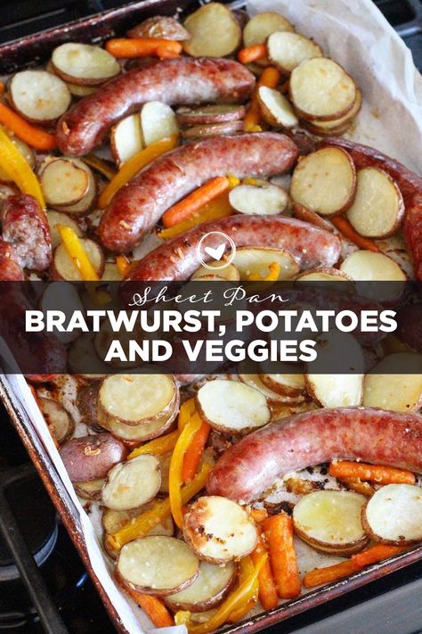 Sheet Pan Bratwurst, Potatoes and Veggies - BriGeeski Ideas For Bratwurst, Healthy Bratwurst Meals, Impossible Bratwurst Recipes, Brat Skillet Recipes, Brat Meat Recipes, Turkey Brats Recipes Dinners, Sheet Pan Brats And Potatoes, Oktoberfest Sheet Pan Brats With Roasted Vegetables, Sheet Pan Brats And Peppers