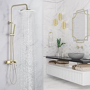 CHALIRS Brushed Gold Exposed Shower System with 2 Modes HandHeld,3 Functions Tub Shower Faucet Sets with Brass Valve, Shower Fixture with 10 Inches Rainfull Shower Head,Shower Height Adjustable Exposed Shower System, Bathroom Shower Faucets, Shower Controls, Gold Shower, Shower Fixtures, Shower Holder, Shower Faucet Sets, Tub Spout, Shower Shelves