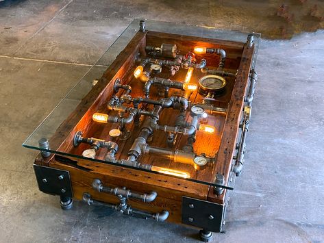 Steampunk Coffee Table, Barnwood Coffee Table, Steampunk Coffee, Barn Table, Coffee Steam, Steampunk Table, Steampunk Furniture, Steampunk Industrial, Fire Pit Furniture