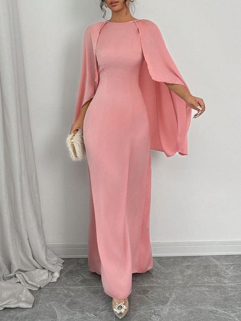 Women's Round Neck Fitted Elegant & Graceful Charming Batwing Sleeve Midi Dress Pink Elegant  Extra-Long Sleeve Satin Plain Fitted Non-Stretch  Women Clothing, size features are:Bust: ,Length: ,Sleeve Length: Long Dress With Long Sleeves, Lady In Waiting Dress, Simple Long Dresses, Elegant Winter Dresses, Elegant Pink Dress With Draped Sleeves, Elegant Pink Dress, Professional Dress, Feminine Pink Dress With Draped Sleeves, Elegant Pink Dress With Cape Sleeves