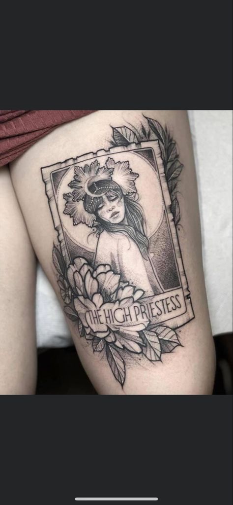 Tarot Card Tattoo High Priestess, High Priestess Tarot Tattoo, Queen Of Swords Tattoo, High Priestess Tattoo, Priestess Tattoo, Tarot Tattoo, Tarot Card Tattoo, High Priestess, Card Tattoo