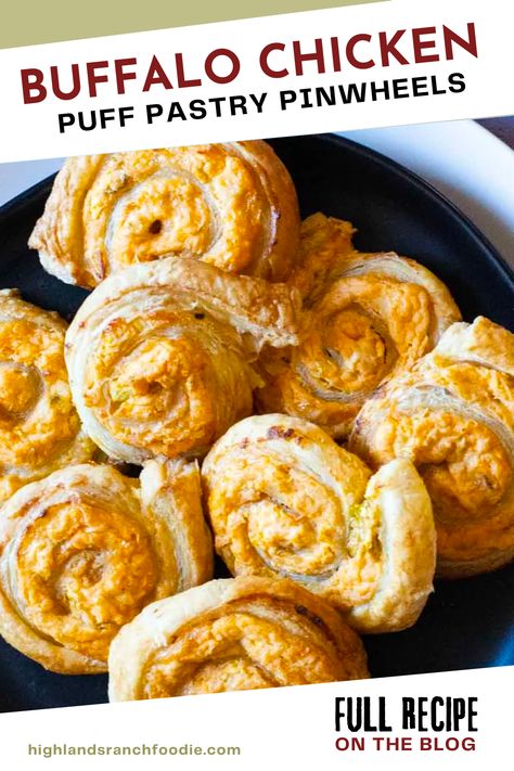 Buffalo Chicken Dip Puff Pastry, Chicken Puff Pastry Recipes, Buffalo Chicken Puff Pastry, Chicken Puff Pastry, Hot Wing Sauce, Buffalo Chicken Pinwheels, Chicken Puff, Pastry Pinwheels, Chicken Wing Dip