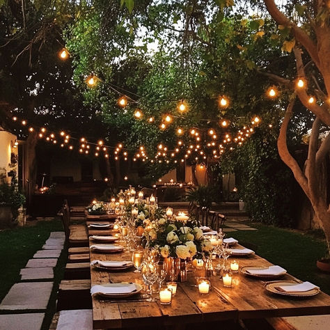 Bring warmth and intimacy to your backyard wedding with this cozy setup! This outdoor dining experience features rustic wooden tables adorned with elegant candles, soft floral arrangements, and an enchanting canopy of string lights. Perfect for couples who love the blend of simplicity and charm. Get inspired to create an unforgettable evening under the stars! #BackyardWedding #RusticDecor #StringLights #CandlelitDinner #WeddingInspo" Backyard Wedding Candles, Backyard Wedding Canopy, Backyard Dinner Wedding, Backyard Twinkle Lights Wedding, Cozy Backyard Wedding, Elevated Backyard Wedding, Outside Dinner Party Backyards, Cozy Wedding Aesthetic, Small Backyard Party