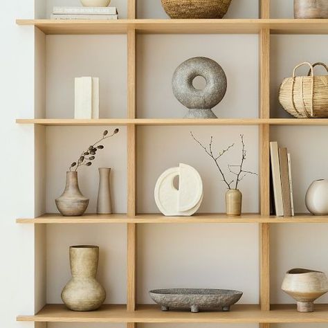 Earth Tones | West Elm Styled Floating Shelves, Living Room Shelf Styling, Ceramic Shelf, Form Studies, Office Styling, Shelf Accessories, Ideas Decoracion, Shelving Accessories, Flatware Storage