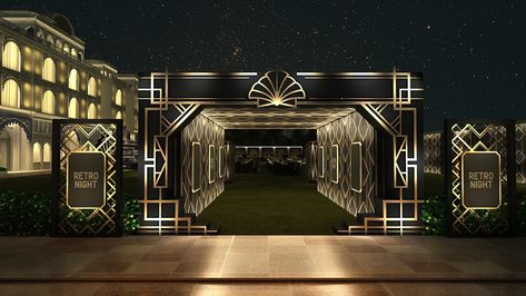 Great Gatsby Theme on Behance Black And Gold Theme Decor, Great Gatsby Theme Decor, Great Gatsby Stage Design, Gatsby Stage Design, Black And Gold Cocktail Party Decor, Gatsby Backdrop Ideas, Gatsby Event Decor, Gatsby Entrance, The Great Gatsby Party Theme