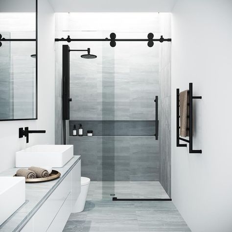 VIGO Elan 44 to 48 in. x 74 in. Frameless Sliding Shower Door in Matte Black with Clear Glass and Handle - VG6041MBCL4874 - The Home Depot Black Shower Doors, Modern Bathroom Remodel, Frameless Sliding Shower Doors, Frameless Shower Door, Tub Doors, Frameless Shower Doors, Sliding Shower Door, Frameless Shower, Black Shower