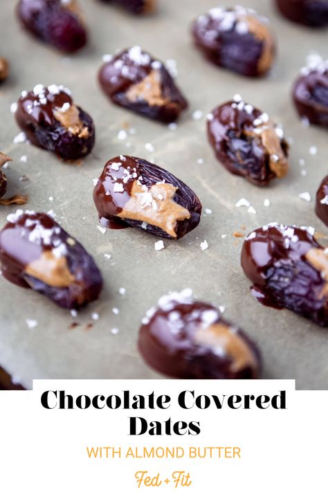 Chocolate Covered Almond Butter Stuffed Dates Recipe Almond Butter Stuffed Dates, Chocolate Covered Dates, Dates Chocolate, Whole Food Desserts, Chocolate Almond Butter, Almond Butter Recipes, Fed And Fit, Stuffed Dates, Chocolate Covered Almonds