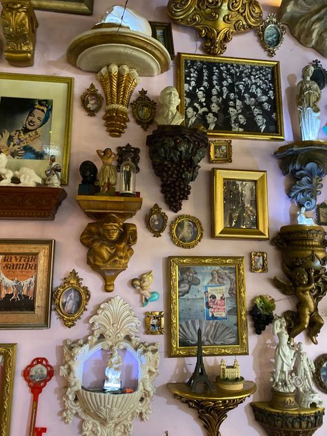 Maximalist Wall Decor Ideas, Whimsical Gallery Wall, Wall Trinkets, Mixed Media Gallery Wall, Oddities Wall, Decorated Picture Frames, Trinket Wall, Dark Academia Room Ideas, Maximalist Wall Decor