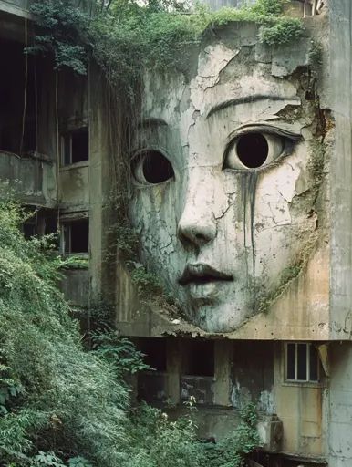 ↑↑↑ Larger size on website 🔸 An abandoned concrete building is overgrown with foliage. A large, cracked face is painted on the si Crumbling Buildings, Cracked Face, Nature Reclaiming, Ruins Architecture, Broken Windows, Concrete Building, Painted Face, Peeling Paint, One Eye