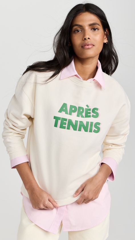 Fast Free Shipping & Free Returns on KULE The Oversized Apres Tennis Sweatshirt at Shopbop. Shop new arrivals from KULE at Shopbop.com Tennis Crewneck Sweatshirt, Chic Sweatshirt Outfit, Tennis Sweatshirt, Trendy Sweatshirts, Sweatshirt Outfit, Print Inspiration, Hair Clothes, Striped Knit, Off Duty