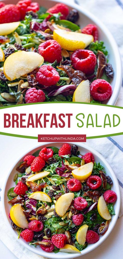 Start your day bright and fresh with this delicious Breakfast Salad! Made with blueberries, raspberries, dates, apple, almonds or walnuts, raisins, mixed greens, salad dressing, and cheese crisp, it's a healthy and hearty vegetarian breakfast! Save this pin! Breakfast Greens Salad, Vegan Breakfast Salad, Salads For Brunch Ideas, Salad For Breakfast Mornings, Breakfast Side Salad, Salads For Breakfast, Brunch Salads Spring, Gut Healthy Recipes Vegetarian, Breakfast Salad Recipes