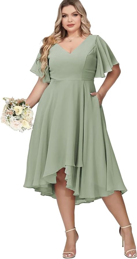 LANYXHSLF Chiffon Bridesmaid Dresses for Women Plus Size Tea Length Formal Dress with Sleeves High Low Evening Gown, Sage Green, 18 Plus : Amazon.ca: Clothing, Shoes & Accessories Sage Green Formal Dress, Formal Dress With Sleeves, Chiffon Bridesmaid Dresses, Dress With Sleeves, Women Plus Size, Chiffon Bridesmaid, Tea Length, Formal Dress, Sage Green