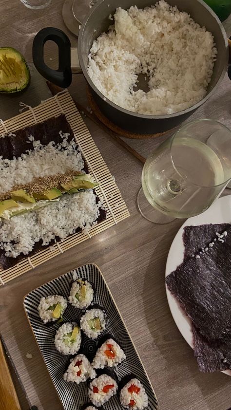 sushi nori paper rice cucumber sesam wine selfmade girls Sushi And Wine, Making Sushi Aesthetic, Sushi Nori, Sushi Aesthetic, Cucumber Sushi, Sushi Night, Summer Bucket Lists, Summer Bucket, Camembert Cheese